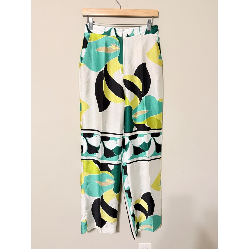 Zara Womens Wide Leg Satin Pants Green Yellow‎ Abstract Floral Print High Rise S